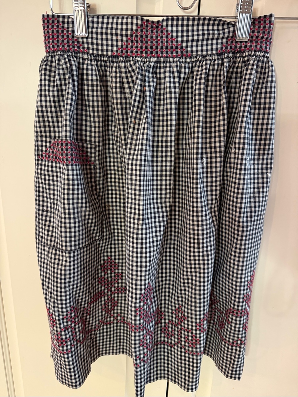 Vintage half Apron Black & White Gingham with Pink Embroidery - Women